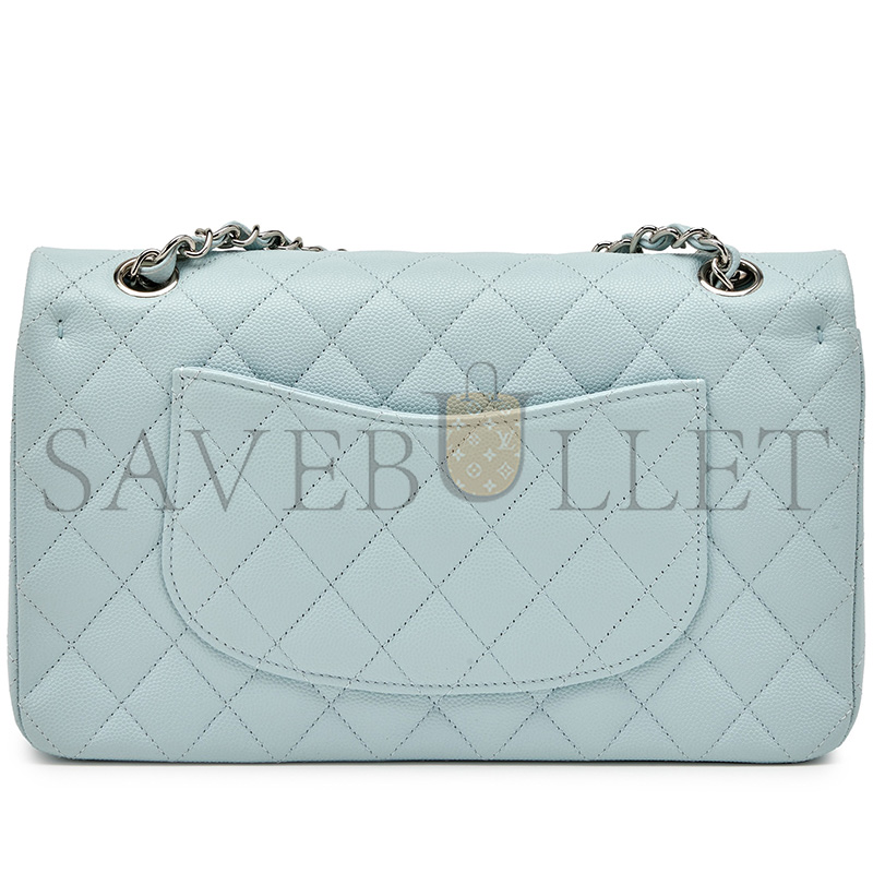 CHANEL MASTER PALE BLUE QUILTED CAVIAR MEDIUM CLASSIC DOUBLE FLAP SILVER HARDWARE A01112 (25.5*15*7cm)